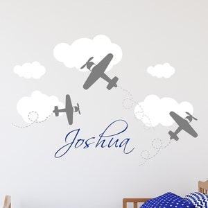 Airplane Wall Decal-Airplane Nursery-Airplanes and Clouds-Boys Airplane Decal-Fluffy Cloud Decal-Airplane Decor-Boy Bedroom Decor-Boys Names image 1