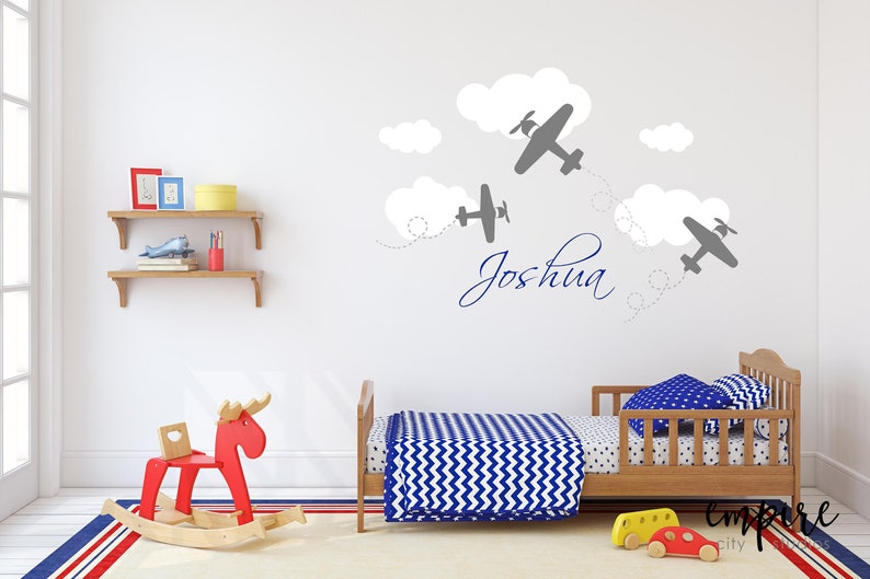 Airplane Wall Decal-Airplane Nursery-Airplanes and Clouds-Boys Airplane Decal-Fluffy Cloud Decal-Airplane Decor-Boy Bedroom Decor-Boys Names image 1