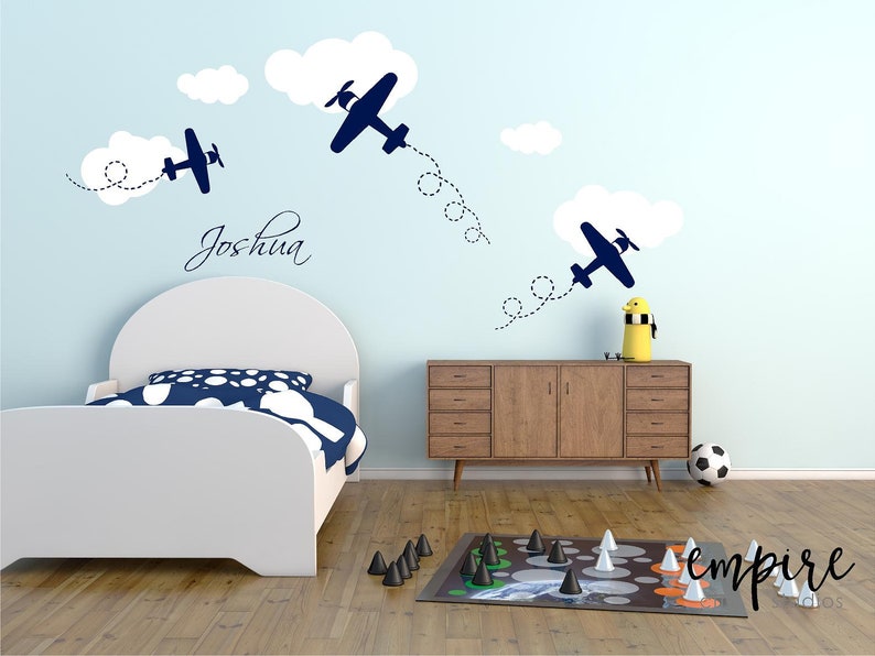 Airplane Wall Decal-Airplane Nursery-Airplanes and Clouds-Boys Airplane Decal-Fluffy Cloud Decal-Airplane Decor-Boy Bedroom Decor-Boys Names image 3