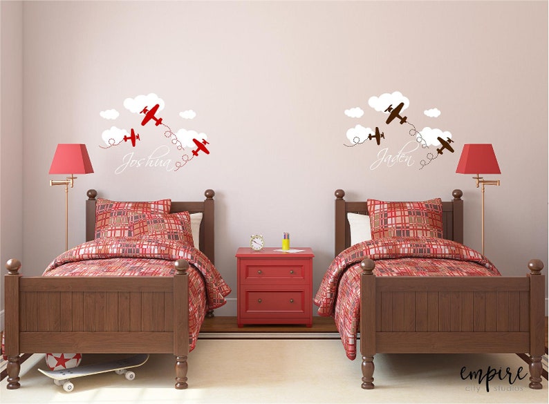 Airplane Wall Decal-Airplane Nursery-Airplanes and Clouds-Boys Airplane Decal-Fluffy Cloud Decal-Airplane Decor-Boy Bedroom Decor-Boys Names image 2