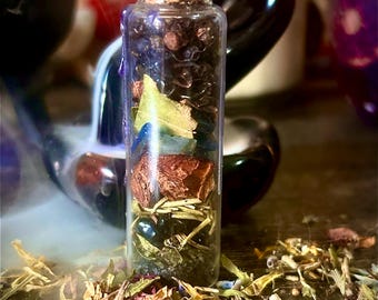May include: A small glass bottle filled with dried herbs, crystals, and berries, sealed with a cork and dark purple wax. The bottle is surrounded by dried flowers and herbs, with a smoky, ethereal effect.