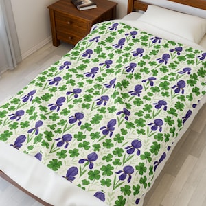Velveteen Plush Blanket, Clover and Iris Floral Print - Cozy Throw, Soft Bedding, Botanical Home Decor, Gift for Her, Floral Patterned