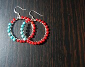 Bead Wrapped Hoop Earrings, Dangle Earrings, Turquoise, Red, Southweatern, FREE shipping