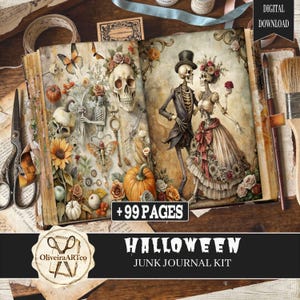 Halloween Junk Journal Digital Paper, halloween junk journal bundle,  junk journal supplies, junk journal kits,, pumpkin, skull, crow, witch
