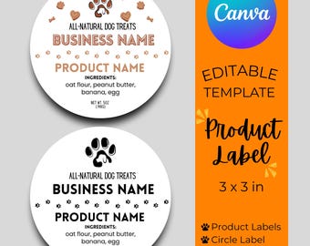 May include: Two circular product labels for dog treats. The labels are white with brown text and paw print designs. The labels include the text "All-Natural Dog Treats", "Business Name", "Product Name", and ingredients. The right side of the image has an orange background with text.