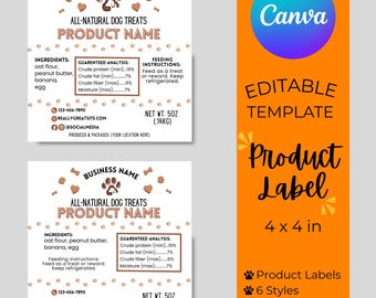 May include: Two product label designs for all-natural dog treats. The labels feature a paw print and bone graphics, with text including ingredients, guaranteed analysis, and feeding instructions. The labels are 4 x 4 inches.
