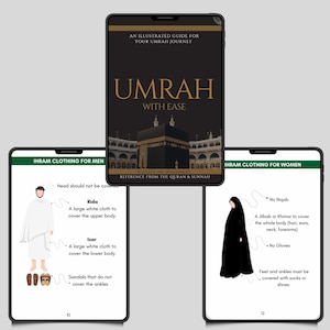 Puede incluir: Una guía ilustrada para el viaje de la Umrah, titulada "Umrah with Ease". La imagen muestra una tableta negra con la portada del libro y otras dos tabletas que muestran las directrices de vestimenta para hombres y mujeres. La portada del libro presenta la Kaaba.