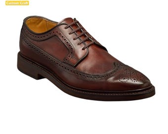 Men’s Brown Wingtip Brogue Oxford Shoes – Handmade Leather Dress Shoes