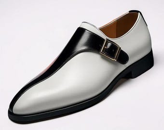 Handgefertigte Weiß & Schwarz Leder Monk Strap Dress Schuhe: Formelle Luxus Schuhe