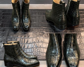 Botines de hombre de piel negra con relieve de cocodrilo, zapatos Chelsea de vestir con cremallera lateral.