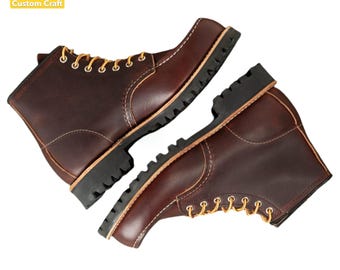 Botas de cuero con puntera de mocasín para trabajo y combate, hechas a medida, para hombre - Suela de goma antideslizante