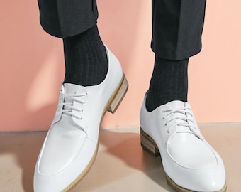 White Leather Oxford Shoes Men Minimalist Dress Shoes Handmade Formal Lace Up Shoes Classic Wedding Shoes Modern Office Wear