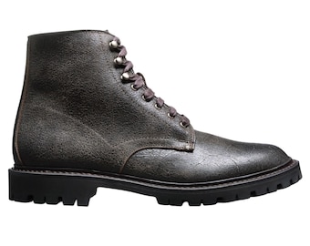 Men’s Distressed Leather Combat Work Boots with Side Zipper and Lug Rubber sole