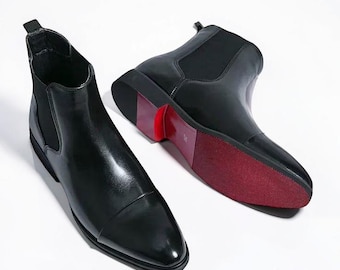 Zwarte Chelsea boots voor heren van kalfsleer | Handgemaakte luxe laarzen met rode zool