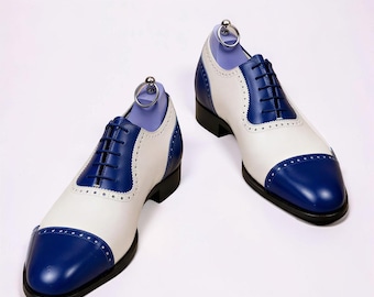 Handmade Blue White Leather Wingtip Dress Shoes For Men