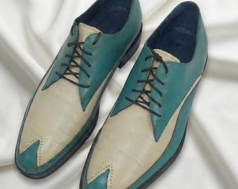 Zapatos Oxford bicolor para hombre, zapatos de vestir de cuero color crema turquesa, zapatos formales de estilo vintage, zapatos para bodas y fiestas, calzado de diseño exclusivo.
