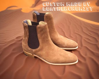Bottines chelsea fabriquées à la main en daim camel, bottines à enfiler personnalisées pour hommes
