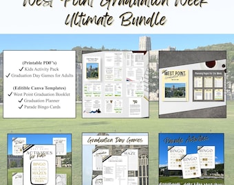 Paquete definitivo de la Semana de Graduación de West Point: juegos imprimibles, planificador editable de Canva y folleto de graduación