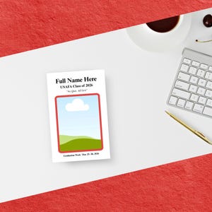 May include: A graduation announcement with the text "Full Name Here, USAFA Class of 2026, No Quit, All Grit." The announcement has a red border and a landscape image with a cloud. Graduation Week is noted as May 25-28, 2026.