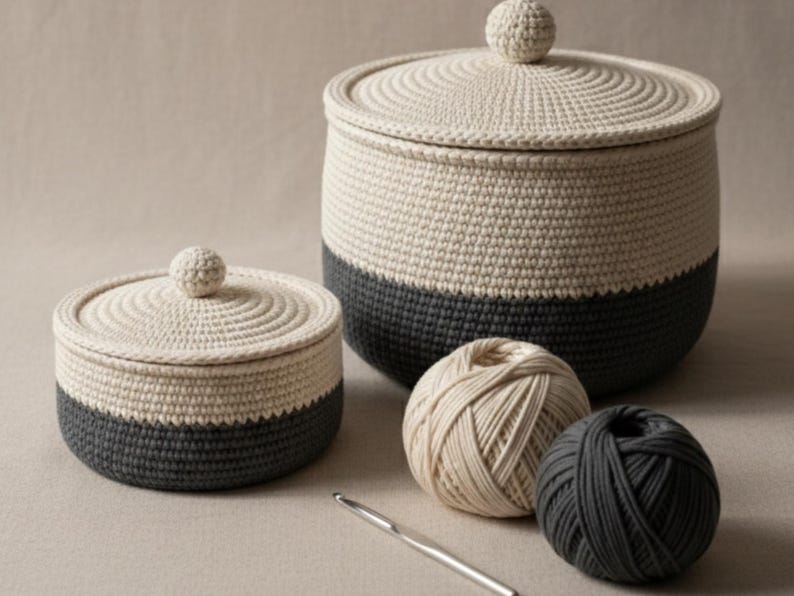 May include: Two-tone crochet storage containers with lids, in cream and charcoal grey. The containers are round, with a textured surface and a small ball on top of the lid. Two balls of yarn and a crochet hook are also visible.