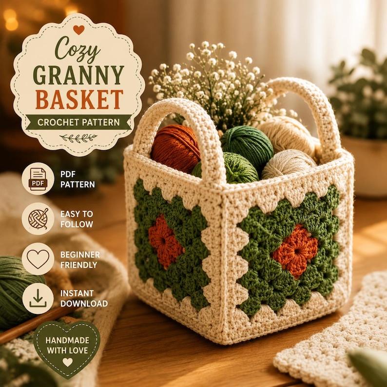 Crochet Granny Square Basket Pattern PDF, Beginner Friendly Crochet Basket, Storage Basket DIY, Easy Crochet Pattern, Instant Download image 6