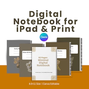 Puede incluir: Una colección de cuadernos digitales para iPad e impresión, con un diseño minimalista. Los cuadernos son de varios colores, incluyendo gris y marrón, y presentan detalles florales. La portada del cuaderno central dice "60 Pages Minimal Digital Notebook". El tamaño es de 21,6 x 27,9 cm.