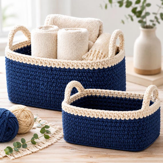Crochet Basket Pattern PDF, Rectangle Storage Basket with Handles, Beginner Friendly, 2 Sizes, Cotton Home Decor, Instant Digital Download