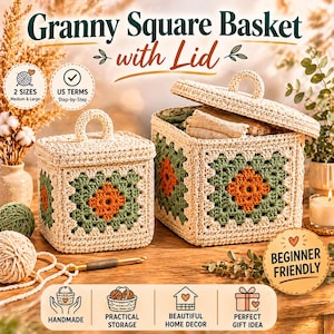 Könnte beinhalten: Zwei handgefertigte, quadratische Häkelkörbe mit Deckel. Die Körbe sind cremefarben mit grünen und orangefarbenen Blumenmustern. Der Text auf dem Bild lautet "Granny Square Basket with Lid", "2 Sizes", "Handmade", "Beginner Friendly" und "Perfect Gift Idea".