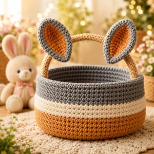 Crochet Bunny Ear Basket Pattern PDF – Easter Bunny Basket – Amigurumi Spring Décor – Beginner Friendly – Instant Download