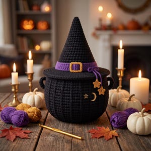 Witch Cauldron Basket Crochet Pattern, Halloween Decor, Gothic Home Gift (PDF Download)