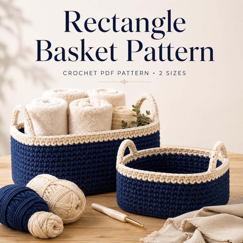 Rectangle crochet basket pattern PDF featuring two handmade storage baskets in navy blue and cream cotton, beginner-friendly crochet pattern with 2 sizes included.