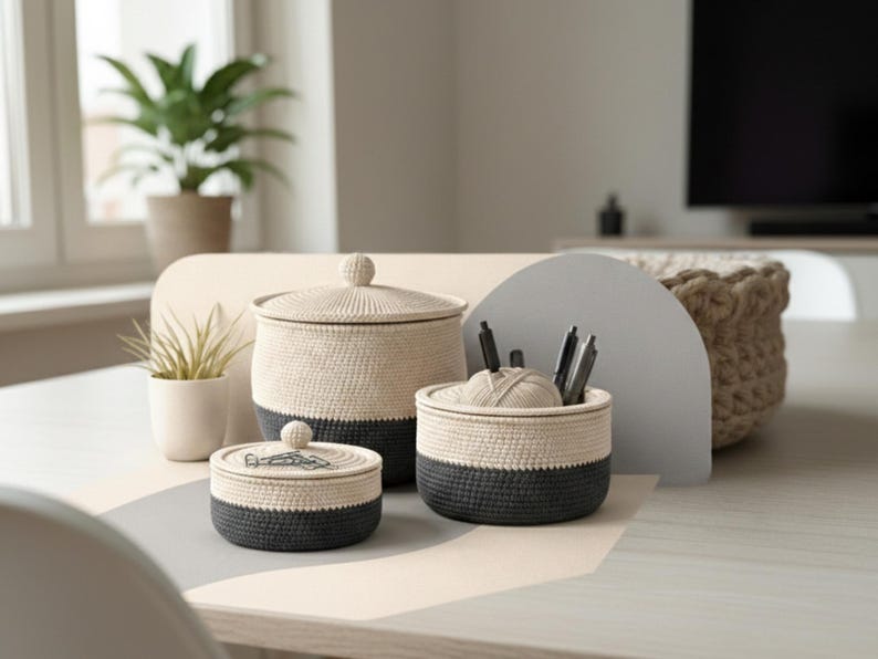May include: Three woven storage containers with lids and an open container. The containers have a cream-coloured top and a dark grey base. The containers are on a light-coloured table. Pens and a ball of yarn are visible.