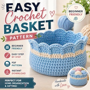 Einfaches Häkelkorb-Muster PDF | Bogenrandkorb | Anfänger Freundlicher Aufbewahrungskorb | sperrigen Garn-Organizer | Wohnkultur DIY