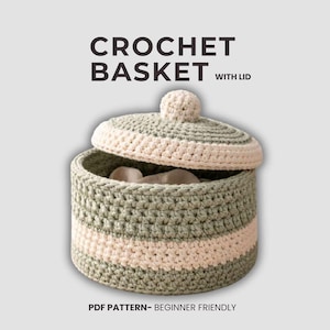 Patrón de cesta de crochet con tapa (PDF), cesta de almacenamiento ideal para principiantes, organizador de decoración moderna para el hogar, tutorial de crochet paso a paso (15 páginas)