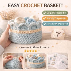 Patrón de cesta de crochet en PDF / Cesta de almacenamiento con borde festoneado / Organizador de hilo voluminoso para principiantes / Decoración moderna para el hogar DIY
