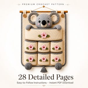 Koala Crochet Wall Organizer Pattern PDF, Amigurumi Nursery Storage, Hanging Pocket Organizer, Easy Beginner Tutorial, Baby Shower Gift