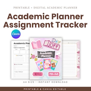 May include: A digital academic planner with a pink and purple watercolor design. The planner includes an assignment tracker, to-do lists, and note sections. The cover features the text "Academic Planner Assignment Tracker" and decorative stickers.