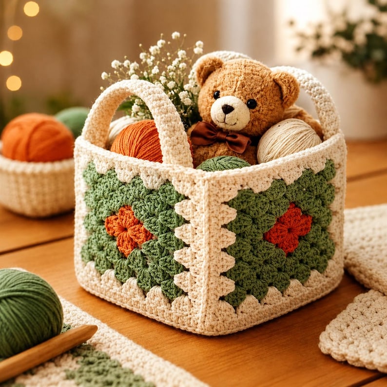 Crochet Granny Square Basket Pattern PDF, Beginner Friendly Crochet Basket, Storage Basket DIY, Easy Crochet Pattern, Instant Download image 1