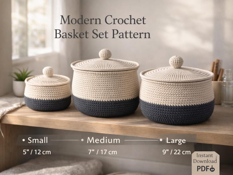 May include: Three crochet baskets with lids in varying sizes: small (12 cm), medium (17 cm), and large (22 cm). Each basket has a cream-colored top and a dark grey base. The text "Modern Crochet Basket Set Pattern" is at the top.