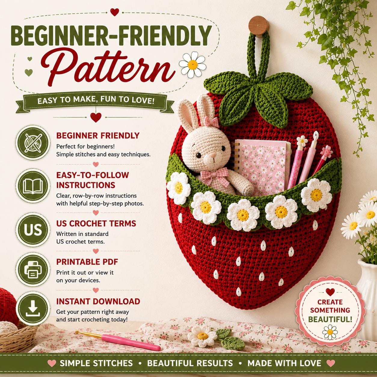 Strawberry Wall Pocket Pattern PDF Daisy Organizer Hanging Storage