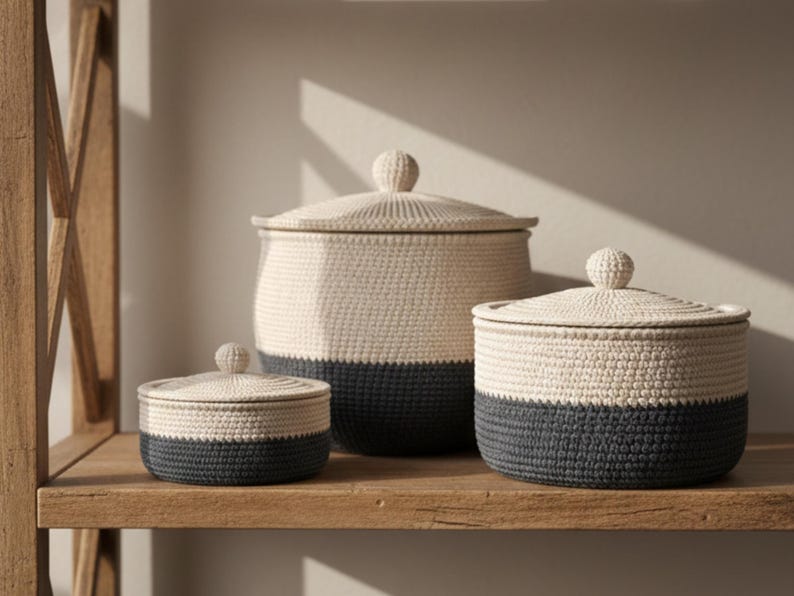 May include: Three handcrafted storage baskets with lids, in varying sizes, sit on a wooden shelf. The baskets are two-toned, with a cream-coloured upper section and a dark grey lower section. Each basket has a round, knob-like handle on the lid.