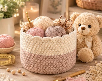 Scalloped Crochet Basket Pattern  | Beginner Friendly Storage Organizer  | Bulky Yarn DIY Tutorial, Rustic Basket Pattern