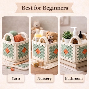 how to crochet basket step by step, granny square basket tutorial process, easy crochet pattern guide
