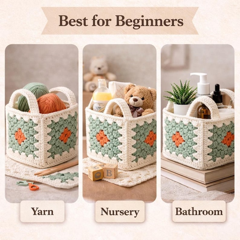 how to crochet basket step by step, granny square basket tutorial process, easy crochet pattern guide