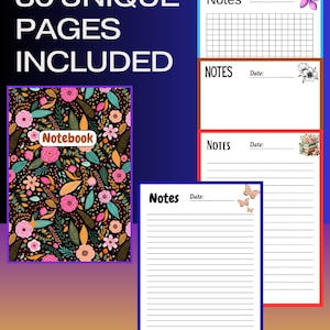 Peut inclure: Un cahier floral avec 80 pages uniques, présentant un motif de fleurs colorées sur fond noir. L'image montre également plusieurs pages de notes avec des mises en page lignées et quadrillées, avec les mots "Notes" et "Date:" visibles.