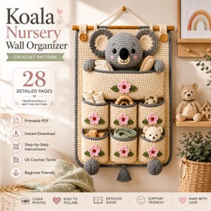 Koala Crochet Wall Organizer Pattern PDF, Amigurumi Nursery Storage, Hanging Pocket Organizer, Easy Beginner Tutorial, Baby Shower Gift