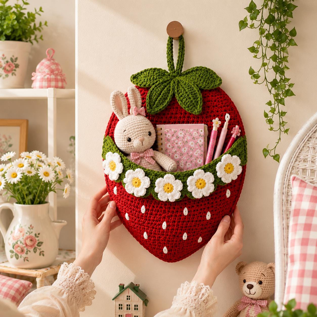 デコパージュꔛ‬ꕤマグネットBOX♡小物入れ♡インテリア雑貨♡苺うさぎ♡リメイク Strawberry Wall Pocket Pattern PDF Daisy Organizer Hanging Storage