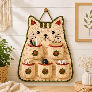 May include: A beige crochet cat-shaped wall organizer with six pockets. The cat has black eyes, whiskers, and a smiling mouth. The pockets are decorated with a flower design and hold pens, scissors, a notebook, keys, and earbuds. The organizer is trimmed in green.