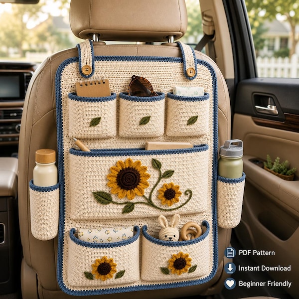 Crochet Car Seat Organizer Pattern PDF Sunflower Backseat Storage Caddy Instant Download Beginner Friendly Road Trip Gift