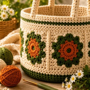 May include: A handmade crochet tote bag with a cream-colored base, green and orange floral accents, and cream-colored handles. The bag is decorated with green and orange floral patterns. The bag is sitting on a wooden surface with yarn and a crochet hook.